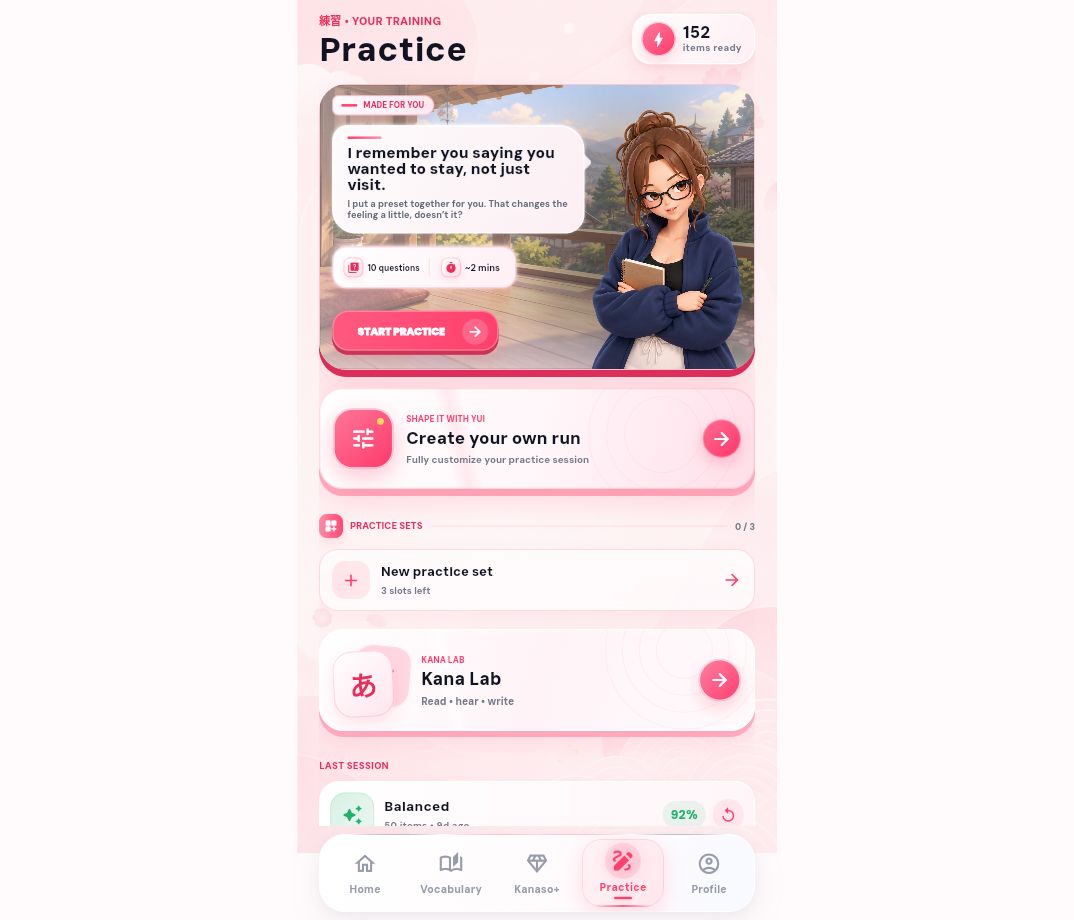 Kanaso practice with Yui and custom practice sessions